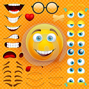 Cartoon yellow 3d smiley face vector character creation constructor. Emoji with emotions, eyes and mouthes set