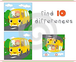 Cartoon yellow bus. Educational game for kids: find ten differences