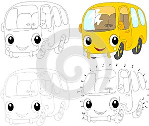 Cartoon yellow bus. Vector illustration. Coloring and dot to dot