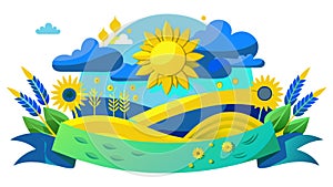 A cartoon yellow field with a sun in the middle, surrounded by sunflowers and plants. There are yellow and blue Ukrainian style