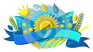 A cartoon yellow field with a sun in the middle, surrounded by sunflowers and plants. There are yellow and blue Ukrainian style