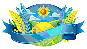 A cartoon yellow field with a sun in the middle, surrounded by sunflowers and plants. There are yellow and blue Ukrainian style