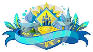 Cartoon yellow field with sunshine houses and plants. In the middle is a trident, the coat of arms of Ukraine. There are yellow