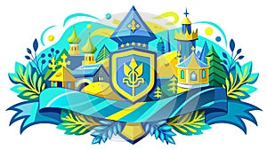 Cartoon yellow field with sunshine houses and plants. In the middle is a trident, the coat of arms of Ukraine. There are yellow