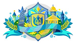 Cartoon yellow field with sunshine houses and plants. In the middle is a trident, the coat of arms of Ukraine. There are yellow