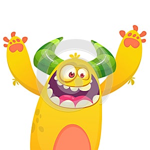 Cartoon yellow furry monster. Halloween vector illustration of excited monster.