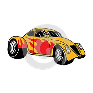 Cartoon yellow retro hot rod with fire on Board isolated on white background. Template for poster, banner, print for t-shirt,