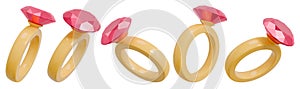 Cartoon yellow wedding ring with a ruby. Engagement design elements set. 3D rendering.