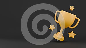 Cartoon yellow winner cup on black background. Trophy awards. 3D rendering. photo