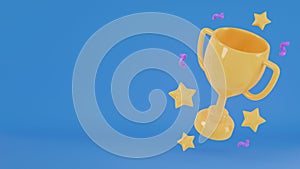 Cartoon yellow winner cup with stars and confetti on blue background. Trophy awards. 3D rendering.