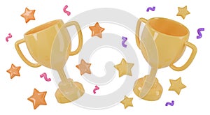 Cartoon yellow winner cup with stars and confetti. Isolated trophy awards set. 3D rendering.