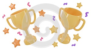 Cartoon yellow winner cup with stars and confetti. Isolated trophy awards set. 3D rendering. photo