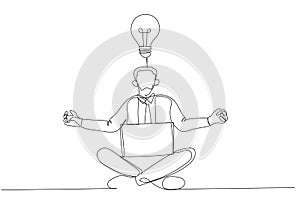 Cartoon of yoga businessman in total concentration with laptop. One line art style