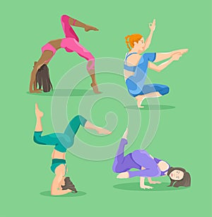 Cartoon yoga girls in sporty outfit.