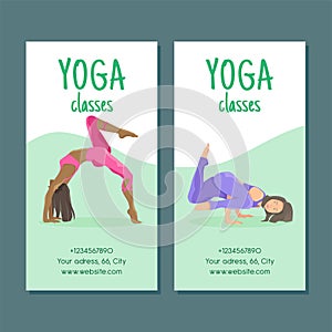 Cartoon yoga girls in sporty outfit. Vector brochure