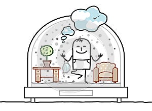 Cartoon Yoga man, Contained in a Snow-Dome, with his Living-room, dreaming of fresh Air photo