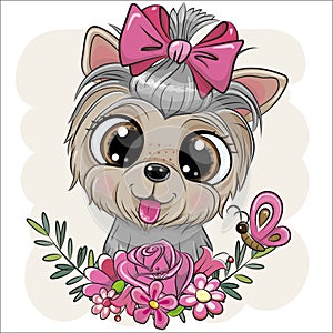 Cartoon Yorkshire Terrier with flowers