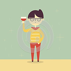Cartoon young adult with glasses holding a glass of wine. Casual striped shirt, cheerful party mood, indoor celebration
