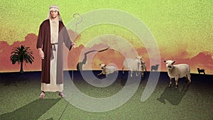 A Cartoon of a Young Biblical Shepherd Herding Sheep in a Desert