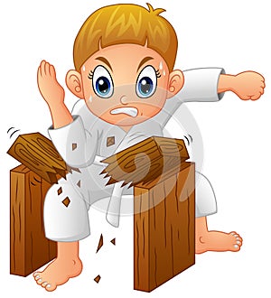 Cartoon Young boy breaking board