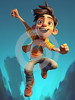 cartoon young boy with bright blue pants jumping in the air - generative AI, AI generated
