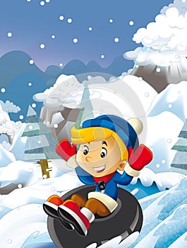 Cartoon young boy doing freestyle slide snowboard