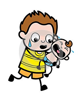 Cartoon Young Boy holding crying baby