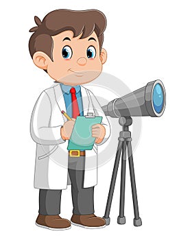 Cartoon young boy looking through a telescope