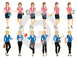 Cartoon young business woman or secretary in various poses