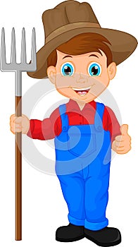 Cartoon young farmer holding rake