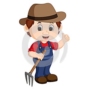 Cartoon young farmer holding rake