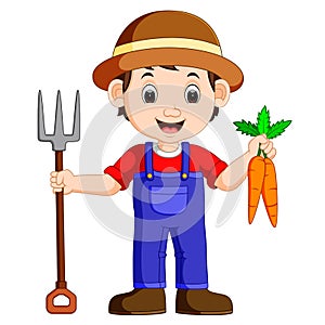 Cartoon young farmer holding rake