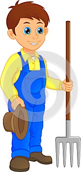 Cartoon young farmer holding rake