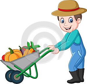 Cartoon young farmer pushing a wheelbarrow full of vegetables