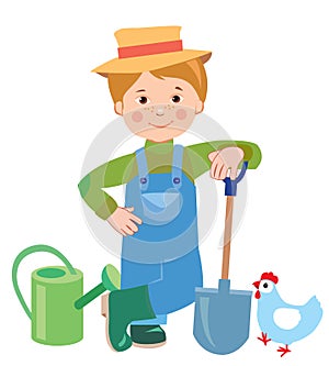 Cartoon young farmer. Watering can. Shovel. Farmer.