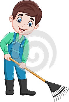 Cartoon young farmer working with a rake