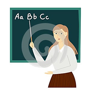 Cartoon young female teacher with a pointer vector illustration