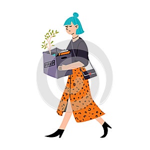 Cartoon young girl with blue hair in a leopard print skirt in black boots carries a box with a flower pot and books. Dismissal of