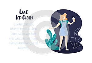Cartoon young girl with ice cream cone walks in nature. Vector banner