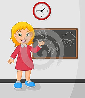 Cartoon young girl standing front blackboard