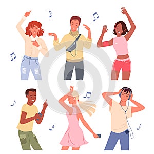 Cartoon young happy man and woman group of dancer characters listen to music with headphones and dance, crowd of friends
