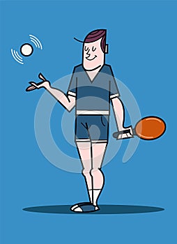 Cartoon young male athlete with ping pong paddle and ball, vector illustration