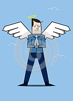 Cartoon young man with angel wings, vector illustration