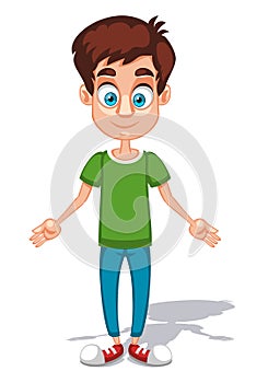 Cartoon young man character with open arms in the green shirt