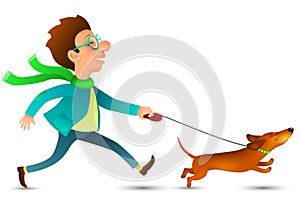Cartoon young man in glasses running with his funny happy dachshund
