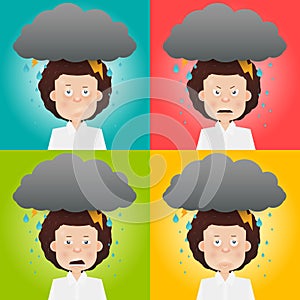 Cartoon young man with a gray cloud on the head.