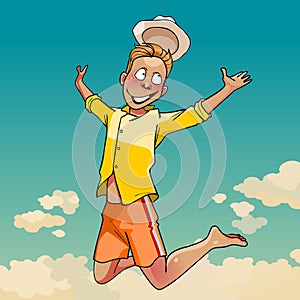Cartoon young man in a hat joyously jumping