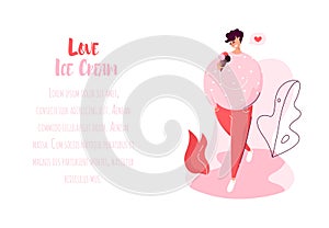 Cartoon young man with ice cream cone walks in nature. Vector banner