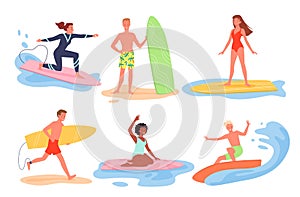 Cartoon young man woman characters in bikini surfing on surfboards, float on ocean wave, summertime cruise collection