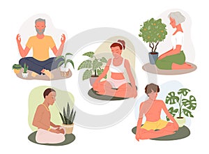 Cartoon young man woman characters meditate in lotus position, yoga calm zen poses for concentration and relaxation at